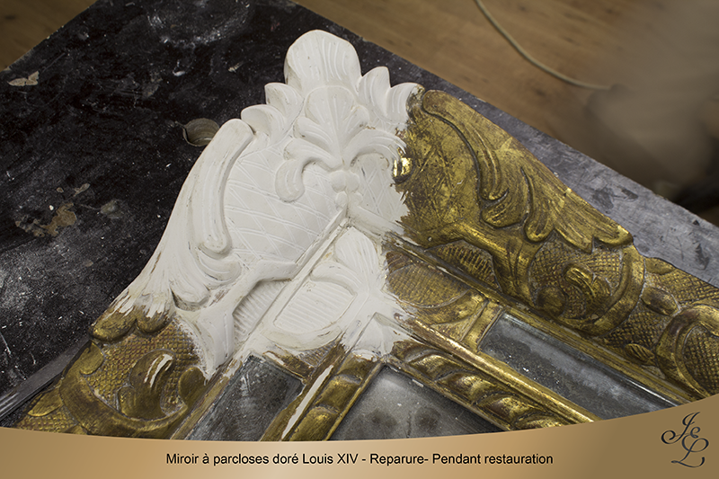 09-Miroir à parcloses doré Louis XIV - Reparure- Pendant restauration