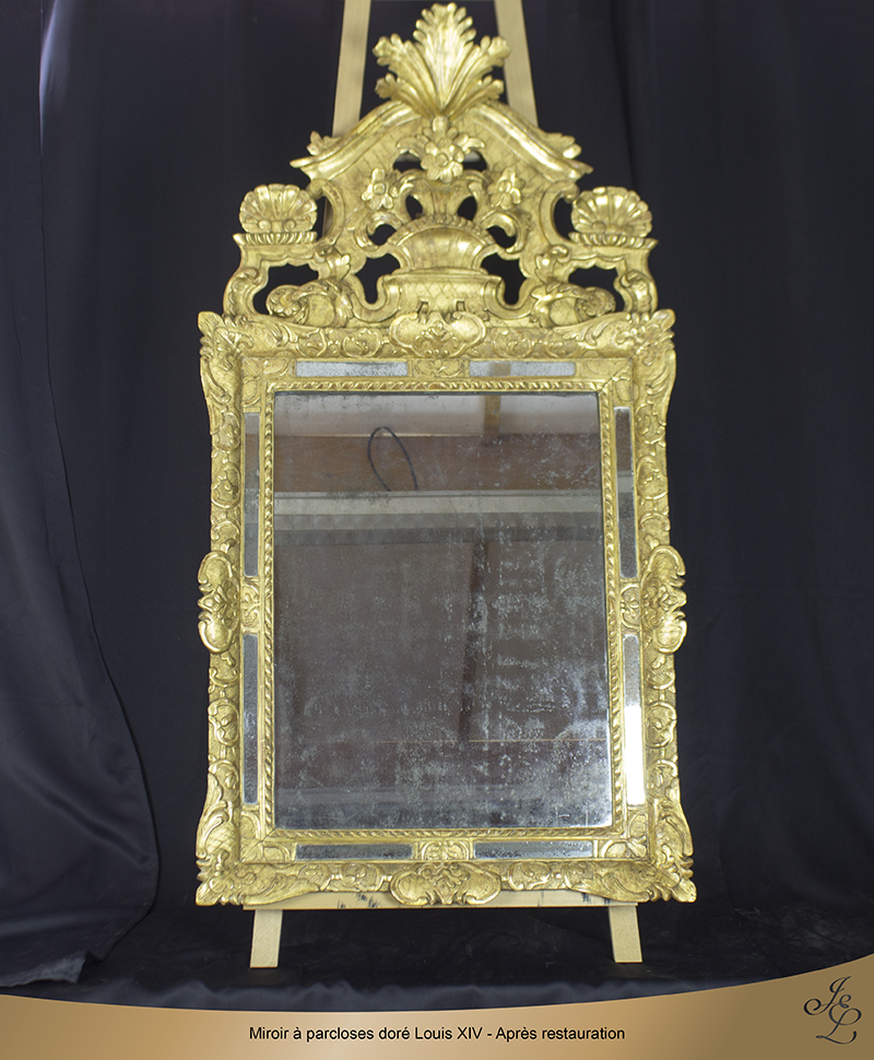 13-Miroir à parcloses doré Louis XIV - Après restauration