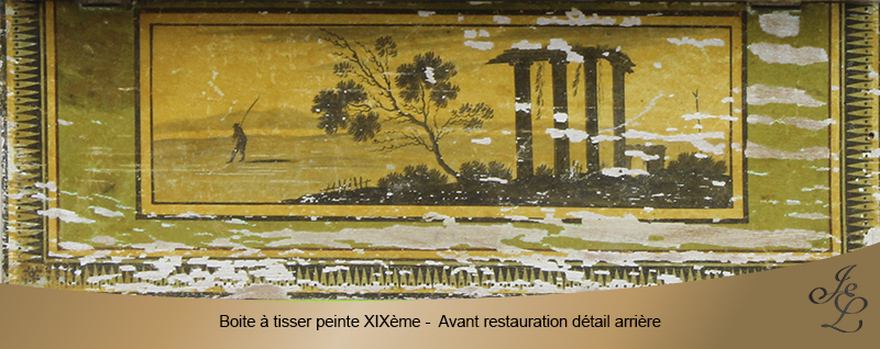 Boite à tisser peinte XIXème - Avant restauration détail arrière