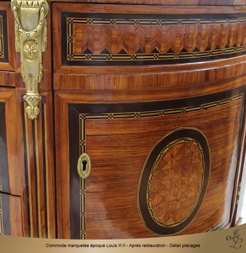 Commode marquetée époque Louis XVI - Après restauration - Détail placages 3