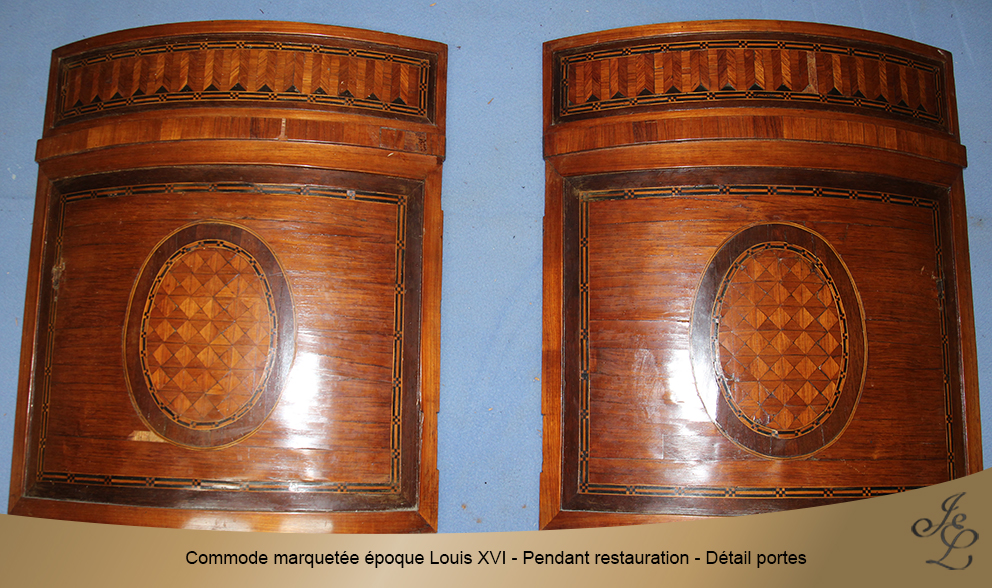 Commode marquetée époque Louis XVI - Pendant restauration - Détail portes